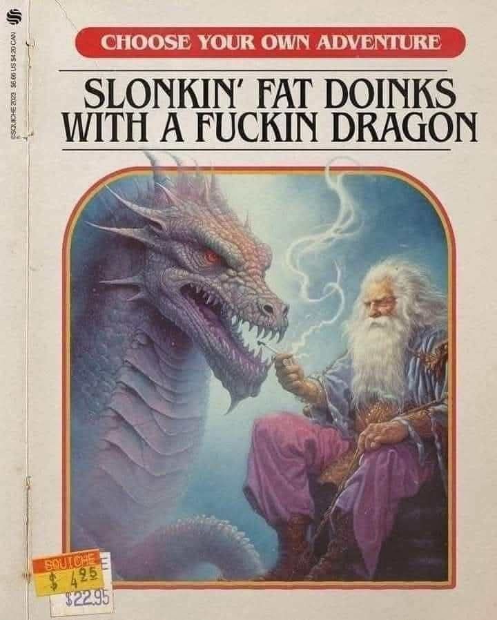 Dragon and a wizard on a fantasy book cover, that reads Slonkin fat doinks with a fucking dragon.