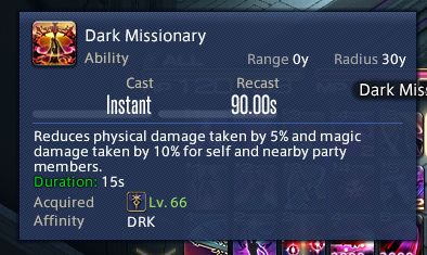 Text box from ffxiv showing the dark knight ability Dark missioniary showing "reduces phys damage by 5% and magic damage taken by 10% for self and nearby party"