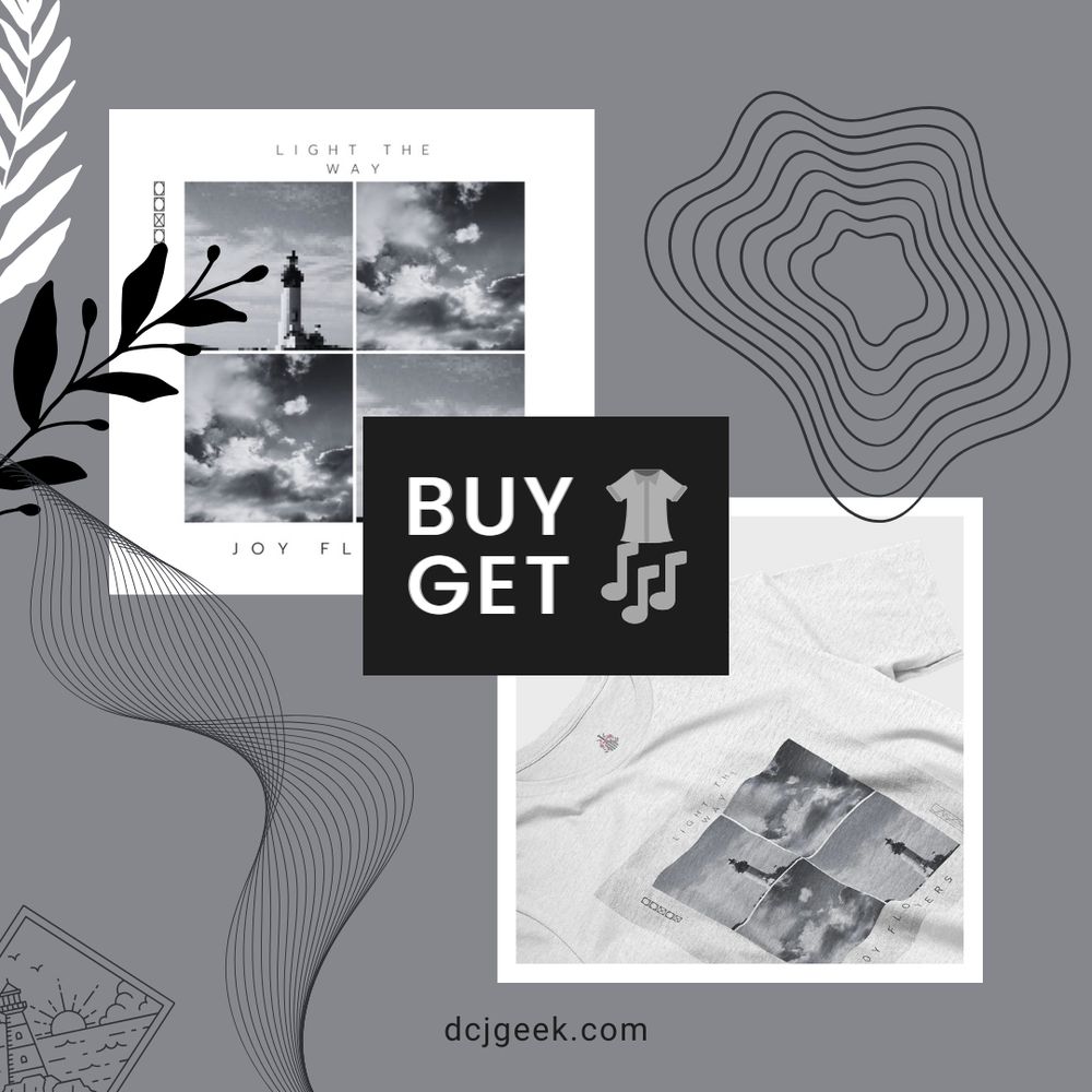A advertisement of a shirt and music album by Joy Flowers only on dcjgeek.com