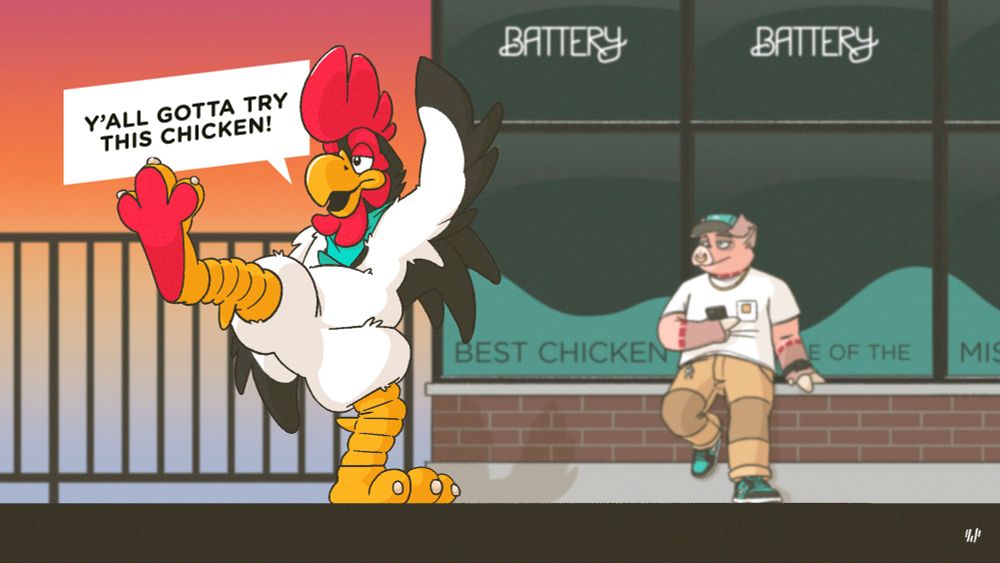 A chicken mascot dances outside of a restaurant, announcing "Y'all gotta try this chicken!", while a pig looks on in the background