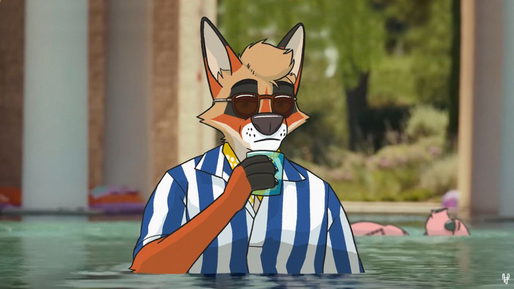 A coyote in striped swimwear and sunglasses sips a drink in a pool while a pig floats in the background