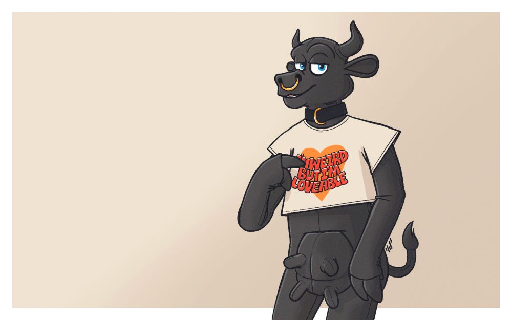 A raccoon dressed in a silicone cow outfit, collar, and cropped t-shirt that says "I'm weird but I'm loveable"