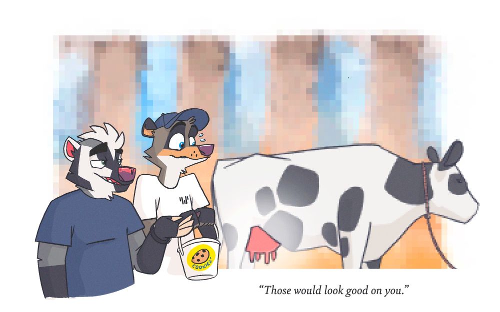 A jovial badger directs a flustered raccoon's attention to the udders of a nearby cow. The caption reads "Those would look good on you."