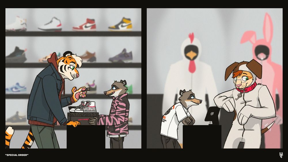 Panel 1: a tiger hands a credit card to a raccoon to pay for a pair of shoes
Panel 2: the same raccoon smiles at a cat trying on a dog costume