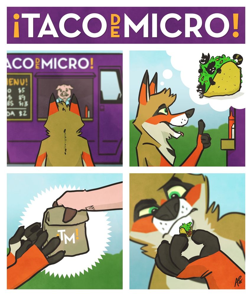A coyote orders a taco from a truck called "Taco de Micro", expecting a taco full of micros. Instead the taco is very small.