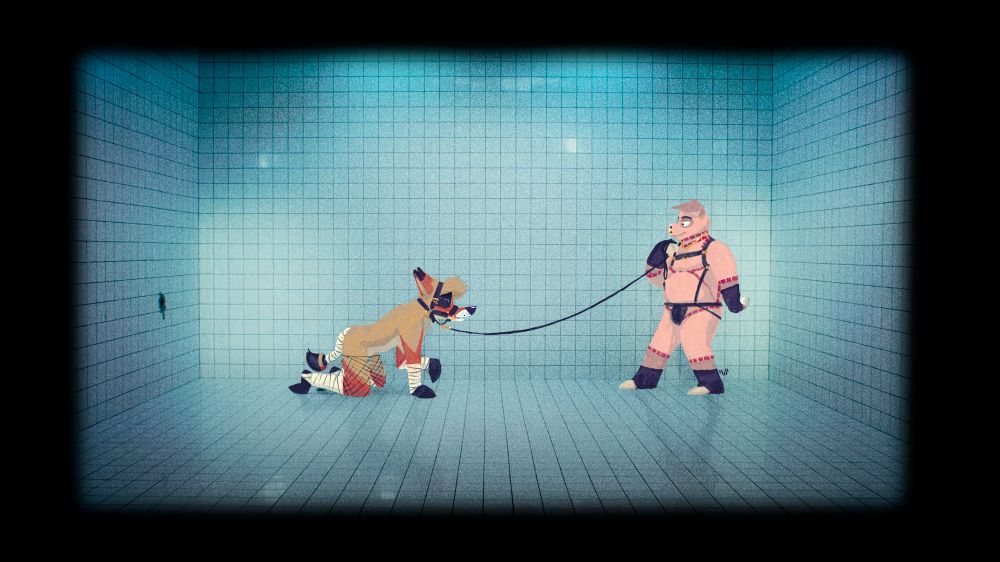 A pig in a harness holds the reins of a coyote in pony gear, in a tiled room