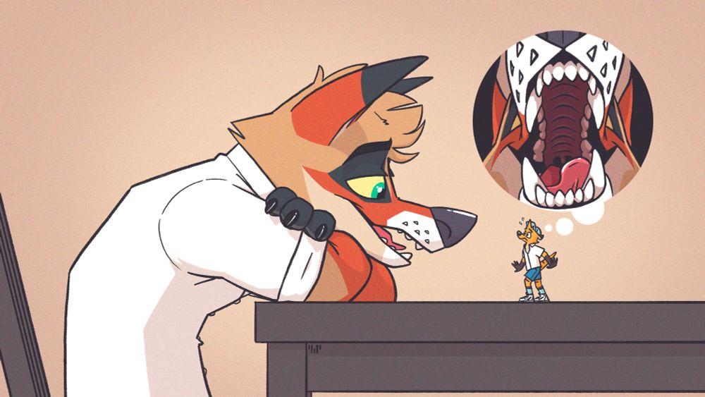 A normal-sized coyote having a nice chat with a tiny meerkat, who seems to be preoccupied with the coyote's mouthal area