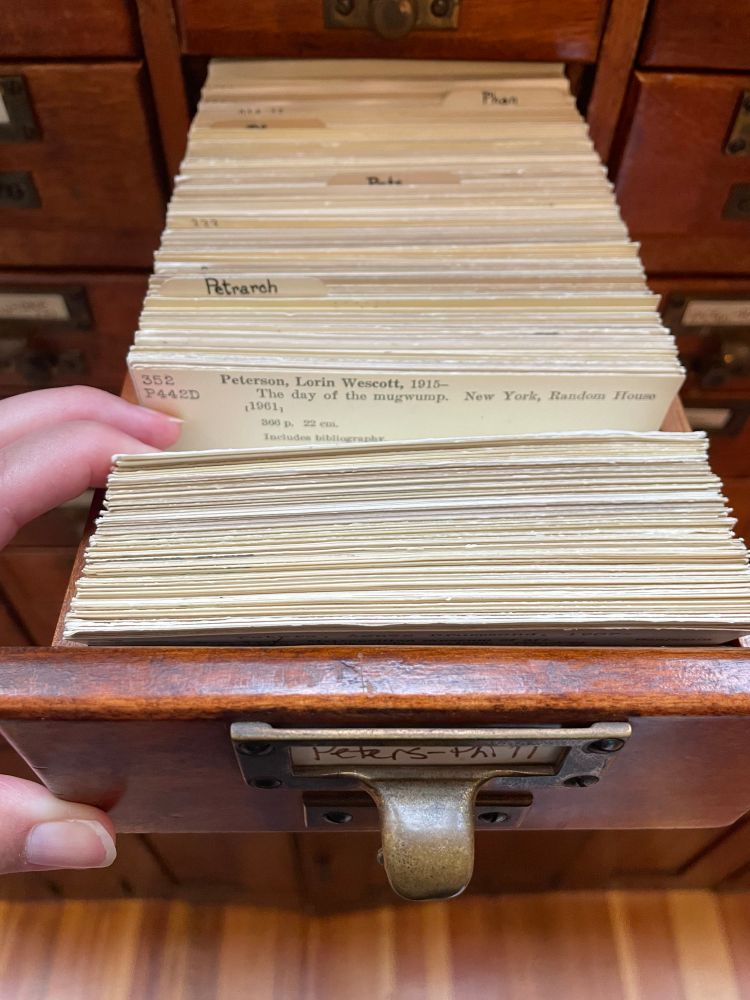 Photo of an open drawer from a card catalogue, a hand is holding the cards open to show 352/P442D Peterson, Lorin Westcott, The Day of the Mugwump. 