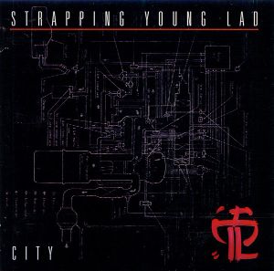 album cover: Strapping Young Lad’s CITY. Black background with some sort of technical diagram in white lines;  STRAPPING YOUNG LAD across top over a red line, CITY on the lower left corner, band logo resembling a Japanese character in red on lower right