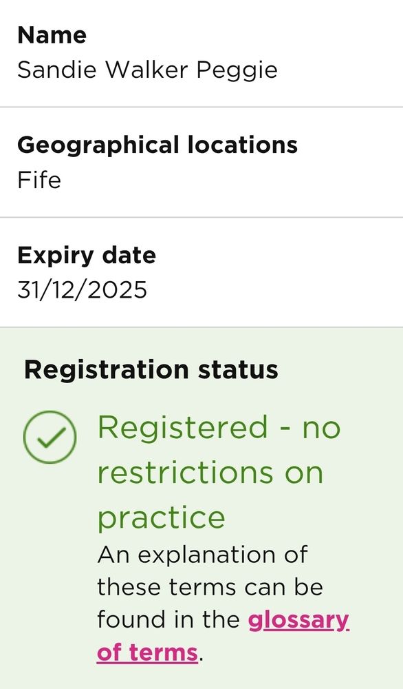 A screenshot of Sandie Peggie's entry on the NMC register. 

Name: Sandie Walker Peggie
Geographical locations: Fife
Expiry date: 21/12/2025
Registration status: Registered- no restrictions on practice