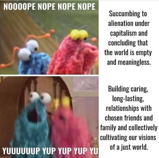 a two panel meme.  first panel: two hand puppets frowning (one blue, one pink) captioned as saying "NOOOPE NOPE NOPE NOPE" to "succumbing to alienation under capitalism and concluding that the world is empty and meaningless." second panel: the same two puppets cheering captioned as saying "YUUUUUP YUP YUP YUP YU–" to "Building caring, long-lasting, relationships with chosen friends and family and collectively cultivating our visions of a just world."