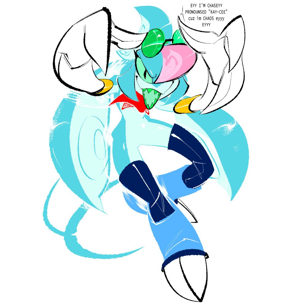 Chassidy Destruere, a "mobian" AU design for Chaos 0. They look like more of a cyan-blue squid-shark thing, with white three-fingered gloves, green sunglasses and a pink tentacle-fin-thing reminiscent of Chaos 0's canon eyes and brain respectively. She's got tentacles that resembles Chaos' canon appendages as well, along with sharp teeth that resemble Perfect Chaos' smile. There's also kind of a red necktie, dark blue leggings, gold arm-cuffs, and blue-white boots going on. That's just more AU design stuff to make em look more interesting.
Chassidy, or "Chasey" is posing with his hands up, gesturing mischievously at the camera, saying,
"EYY I'M CHASEYY PRONOUNSED 'KAY-CEE' cuz im CHAOS eyyy EYYY"