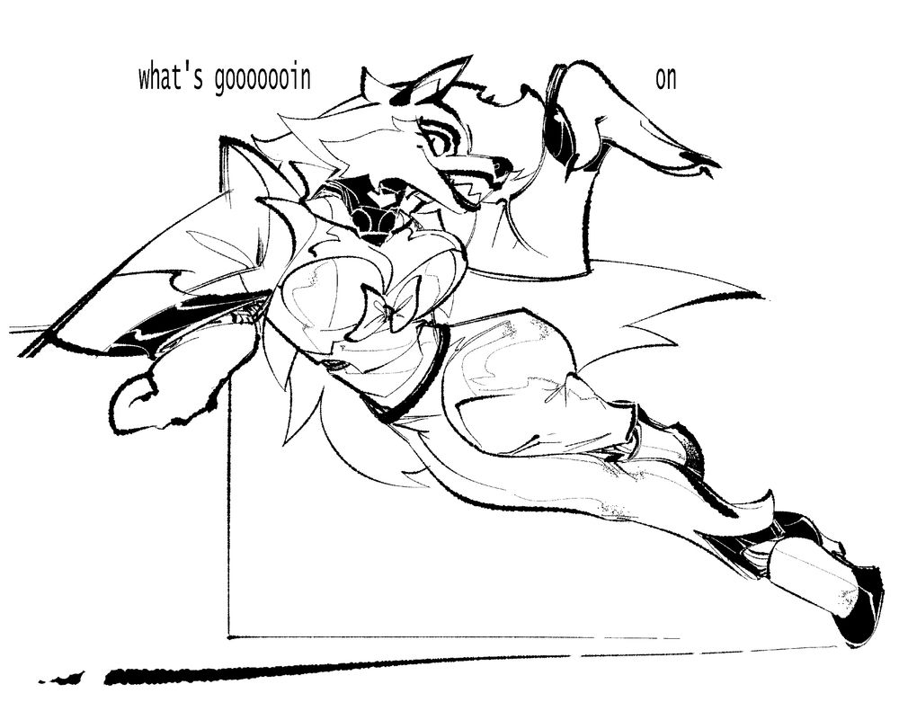 Kaita leaps-- or leans? she's in a position where it seems like she's sort of leaning far against a low ledge with one arm, gesturing with an open palm to the viewer's right. She's looking over her own right shoulder, grinning.
"what's goooooin         on" with her head and hand fitting in-between the "going" and "on". This one's a black-and-white drawing, by the way, because I didn't feel like coloring it