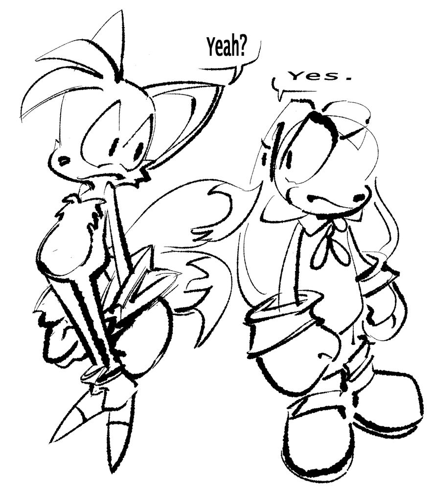Miles "Tails" Prower and Cream the Rabbit both stand opposite from each other, defiantly, with clenched fists.  Their eyes are disjointed, somehow facing and glaring at each other despite their heads being faced in opposite directions.
"Yeah?" asks Tails.
"Yes." affirms Cream.