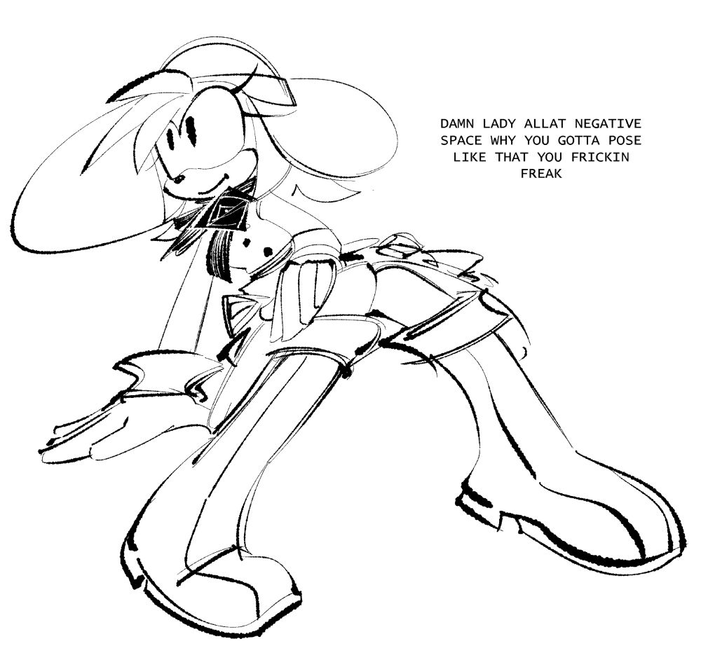Amy Rose, wearing her usual boots, a rose-covered dress, a button-up shirt, rose-tied neck-scarf, and sunhat, looking the other way and smiling as text to the right of the image, in a distinct negative space, shouts,
"DAMN LADY ALLAT NEGATIVE SPACE WHY YOU GOTTA POSE LIKE THAT YOU FRICKIN FREAK"