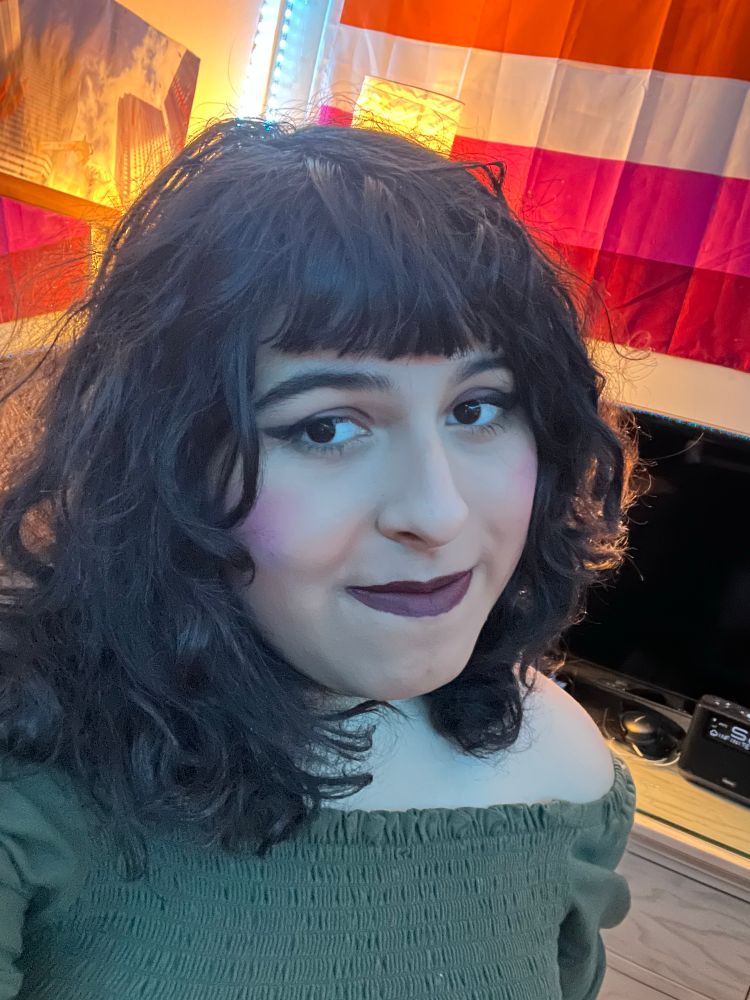 Selfie pic, maroon lipstick and bangs 