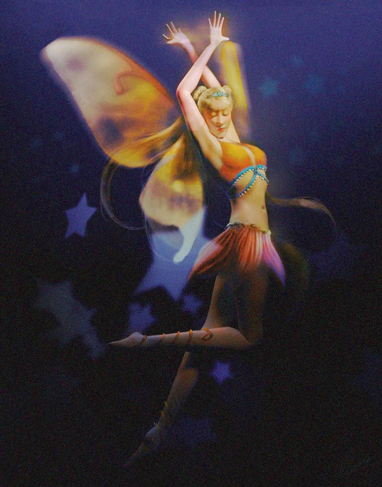 This is Stella from Winx Club in her Enchantix versión, just a little bit more realistic. She's a fairy, with long blonde and bright hair. Her outfit consists on a short top with blue detailing in the seams, a orange and pink colored flower-like skirt and a orange vine intertwined in her lower legs. Her wings are inspired by the Moon moth, and she's surrounded by stars. 