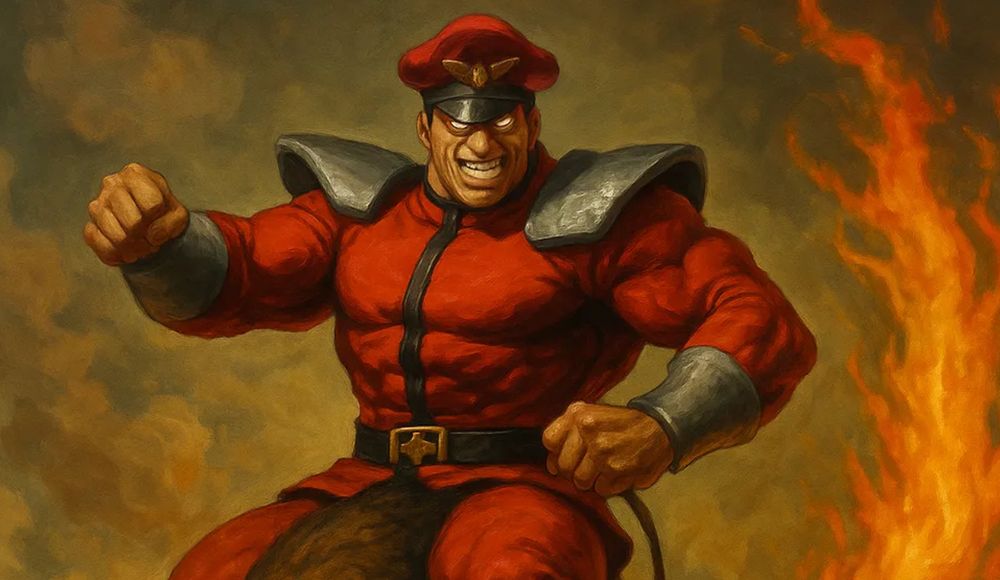 Stylized painting of M. Bison, a muscular video game villain in a red military uniform and cap, striking a powerful pose with flames in the background.