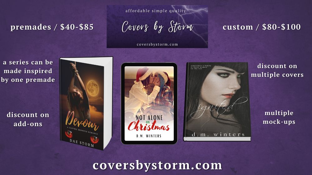 coversbystorm.com



premades / $40-$85
custom / $80-$100
discount on add-ons
discount on multiple covers
a series can be made inspired by one premade
multiple mock-ups