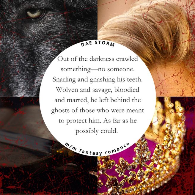 Out of the darkness crawled something—no someone. Snarling and gnashing his teeth. Wolven and savage, bloodied and marred, he left behind the ghosts of those who were meant to protect him. As far as he possibly could. 

Dae Storm, m/m fantasy romance. 

A wolf, a blade, blonde hair, a golden crown. 
