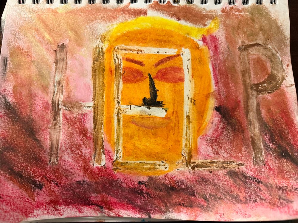 ￼ This oil pastel artwork features a vibrant yet intense color palette of red, orange, and brown, creating a chaotic and fiery atmosphere. The word “HELP” is prominently incorporated into the composition, with rough, uneven strokes that blend into the textured background. At the center, a circular figure, rendered in bright orange and yellow tones, resembles a face. The figure alludes to Donald Trump, with its distinctive orange hue and exaggerated features. Beneath the nose, a small, black, rectangular mustache strongly evokes an allusion to Adolf Hitler, creating a provocative and unsettling juxtaposition. The piece conveys a sense of urgency and distress, amplified by the chaotic background and the word “HELP” framing the central figure.
