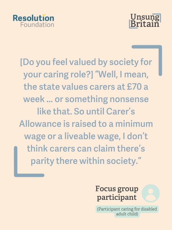 [Do you feel valued by society for your caring role?] “Well, I mean, the state values 
carers at £70 a week ... or something nonsense like that. So until Carer’s Allowance is 
raised to a minimum wage or a liveable wage, I don’t think carers can claim there’s 
parity there within society.”
(Participant caring for disabled adult child)