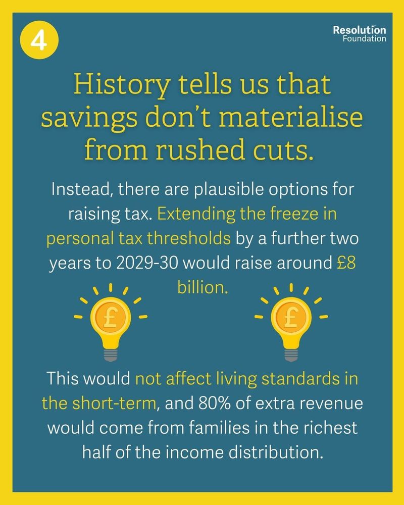 History tells us that savings don't materialise from rushed cuts. Instead, the government could look at tax options including extending the freeze in personal tax thresholds to 2029-30, which would raise around £8bn.