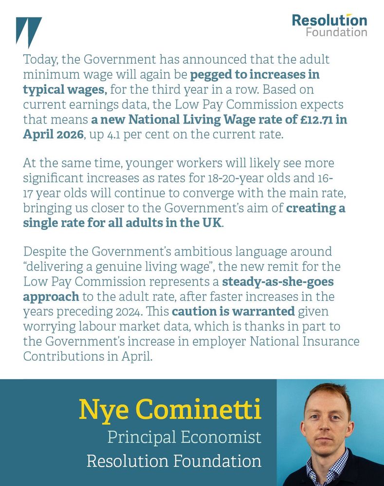 “Today, the Government has announced that the adult minimum wage will again be pegged to increases in typical wages, for the third year in a row. Based on current earnings data, the Low Pay Commission expects that means a new National Living Wage rate of £12.71 in April 2026, up 4.1 per cent on the current rate.

“At the same time, younger workers will likely see more significant increases as rates for 18-20-year olds and 16-17 year olds will continue to converge with the main rate, bringing us closer to the Government’s aim of creating a single rate for all adults in the UK.

“Despite the Government’s ambitious language around “delivering a genuine living wage”, the new remit for the Low Pay Commission represents a steady-as-she-goes approach to the adult rate, after faster increases in the years preceding 2024. This caution is warranted given worrying labour market data, which is thanks in part to the Government’s increase in employer National Insurance Contributions in April.”