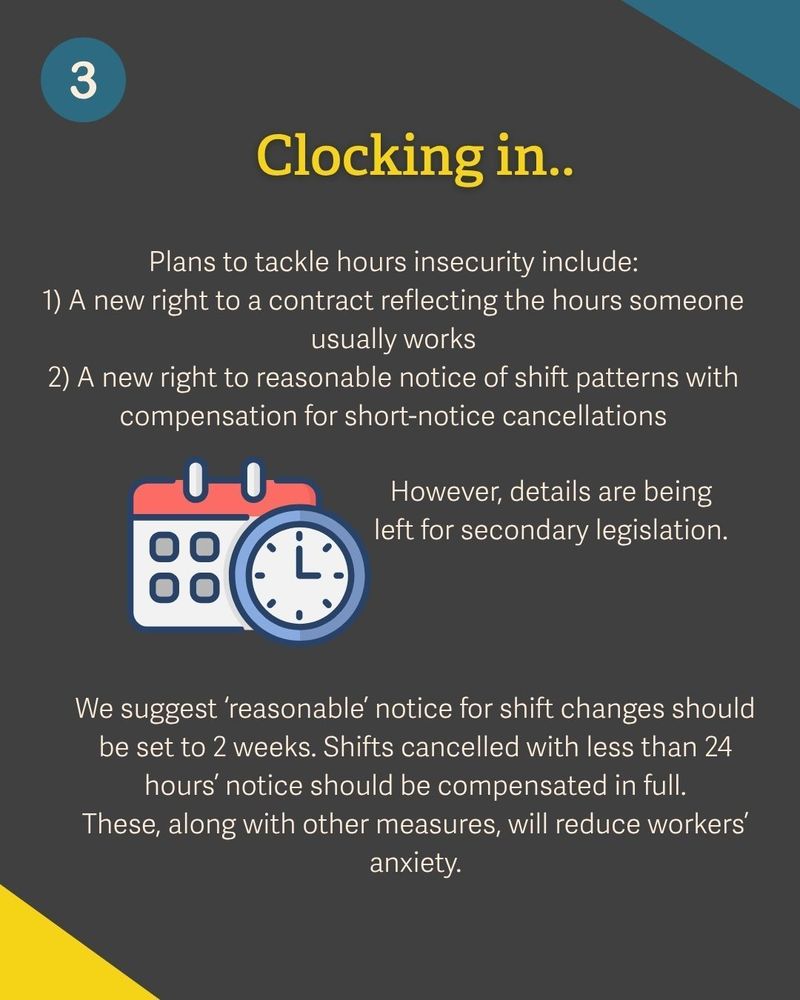 Clocking in..
Plans to tackle hours insecurity include:
1) A new right to a contract reflecting the hours someone usually works
2) A new right to reasonable notice of shift patterns with compensation for short-notice cancellations

However, details are being left for secondary legislation.
We suggest ‘reasonable’ notice for shift changes should be set to 2 weeks. Shifts cancelled with less than 24 hours’ notice should be compensated in full.
These, along with other measures, will reduce workers’ anxiety.