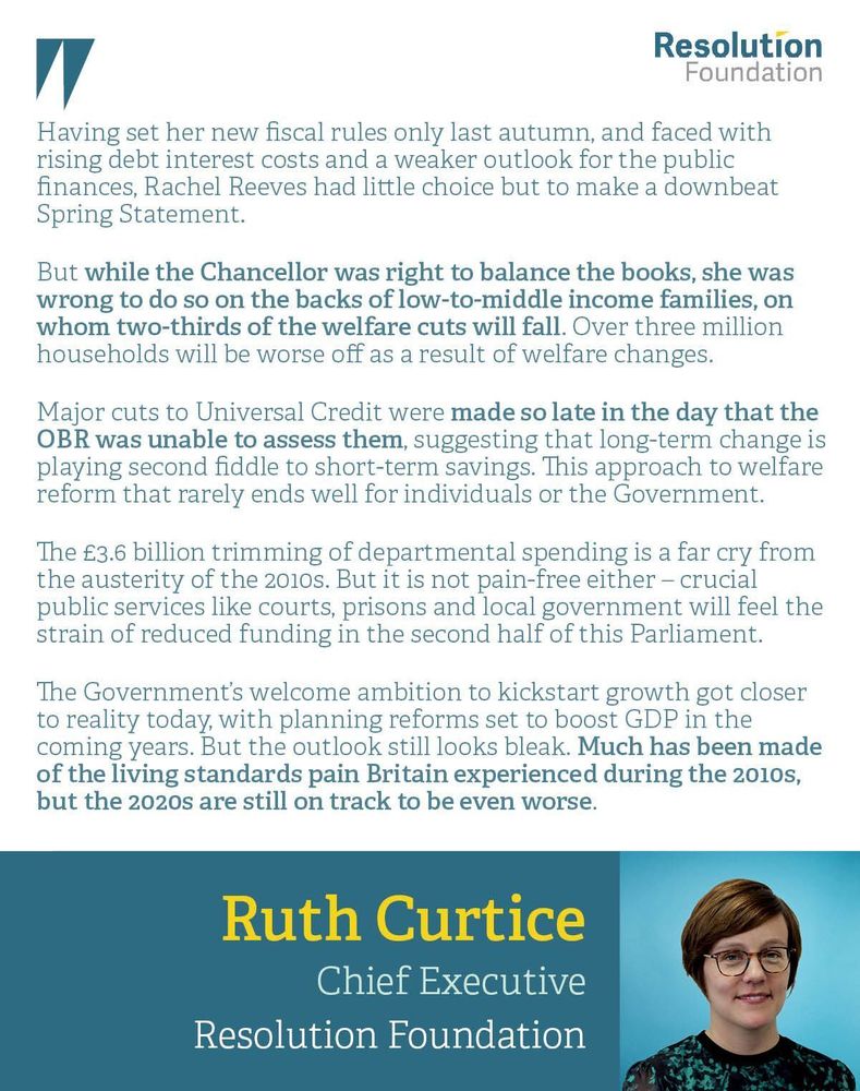 Ruth Curtice, Chief Executive at the Resolution Foundation, said:

“Having set her new fiscal rules only last autumn, and faced with rising debt interest costs and a weaker outlook for the public finances, Rachel Reeves had little choice but to make a downbeat Spring Statement.

“But while the Chancellor was right to balance the books, she was wrong to do so on the backs of low-to-middle income families, on whom two-thirds of the welfare cuts will fall. Over three million households will be worse off as a result of welfare changes.

“Major cuts to Universal Credit were made so late in the day that the OBR was unable to assess them, suggesting that long-term change is playing second fiddle to short-term savings. This approach to welfare reform that rarely ends well for individuals or the Government.

“The £3.6 billion trimming of departmental spending is a far cry from the austerity of the 2010s. But it is not pain-free either – crucial public services like courts, prisons and local government will feel the strain of reduced funding in the second half of this Parliament.

“The Government’s welcome ambition to kickstart growth got closer to reality today, with planning reforms set to boost GDP in the coming years. But the outlook still looks bleak. Much has been made of the living standards pain Britain experienced during the 2010s, but the 2020s are still on track to be even worse.”