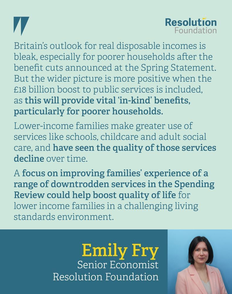 Graphic showing a quote.

Emily Fry, Senior Economist at the Resolution Foundation, said: 
“Britain’s outlook for real disposable incomes is bleak, especially for poorer households after the benefit cuts announced at the Spring Statement. But the wider picture is more positive when the £18 billion boost to public services is included, as this will provide vital ‘in-kind’ benefits, particularly for poorer households.
“Lower-income families make greater use of services like schools, childcare and adult social care, and have seen the quality of those services decline over time. 
“A focus on improving families’ experience of a range of downtrodden services in the Spending Review could help boost quality of life for lower income families in a challenging living standards environment.”
