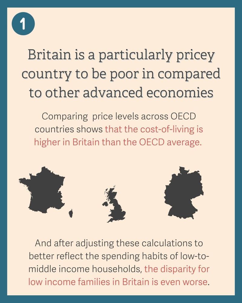 infographic showing that adjusting calculations of cost of living to better reflect the spending habits of poorer households, the disparity for poorer households in Britain is even worse compared to the OECD average. 