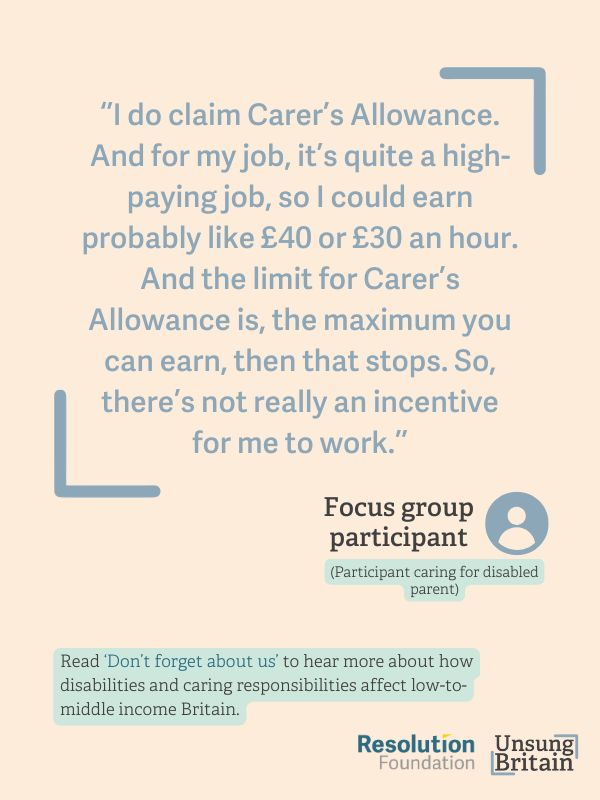 quote from focus group - 
“I do claim Carer’s Allowance. And for my job, it’s quite a high-paying job, so I could 
earn probably like £40 or £30 an hour. And the limit for Carer’s Allowance is, the 
maximum you can earn, it’s £139 a week.39 Then that stops. So, there’s not really an 
incentive for me to work, because if can make like £139 for four hours, they’ll stop 
my Carer’s Allowance … [even though] I want to work.”
(Participant caring for disabled parent)