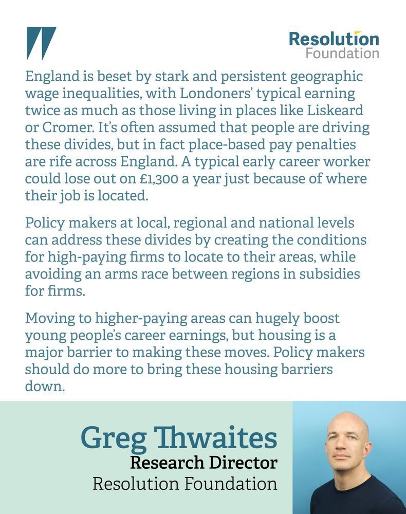 Greg Thwaites, Research Director at the Resolution Foundation, said:
“England is beset by stark and persistent geographic wage inequalities, with Londoners’ typical earning twice as much as those living in places like Liskeard or Cromer. It’s often assumed that people are driving these divides, but in fact place-based pay penalties are rife across England. A typical early career worker could lose out on £1,300 a year just because of where their job is located.
“Policy makers at local, regional and national levels can address these divides by creating the conditions for high-paying firms to locate to their areas, while avoiding an arms race between regions in subsidies for firms.
“Moving to higher-paying areas can hugely boost young people’s career earnings, but housing is a major barrier to making these moves. Policy makers should do more to bring these housing barriers down.”
