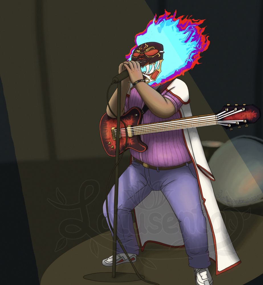 digital art of a floating mask with a body singing at a microphone on stage. the mask is black, red, and gold with large white teeth, and there are flames of cyan, purple and red coming off the back of it. the body is wearing a pink pinstriped shirt, jeans, and a white haori with red trim there is a spotlight on him, and he is holding the mic with both hands, and has a black and red guitar hanging off him. there are drums in the background