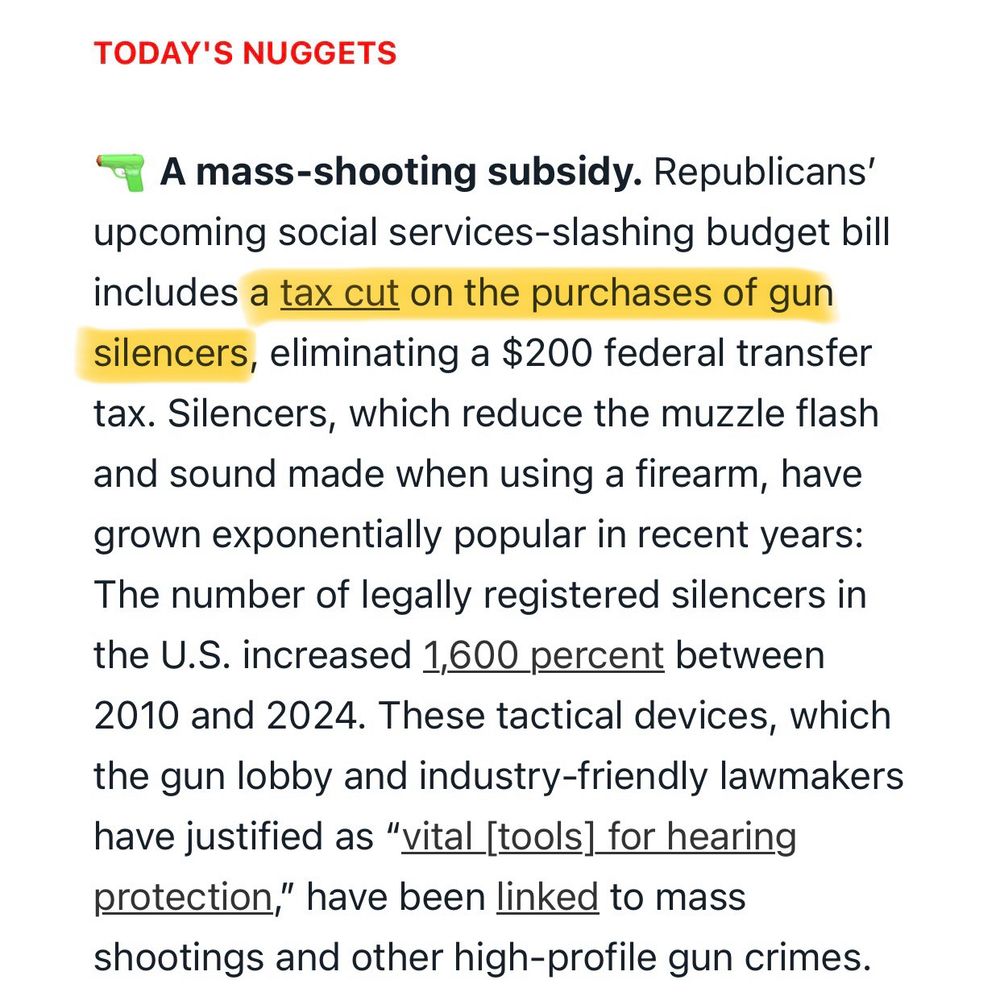 News snippet including “tax cut on the purchase of gun silencers” 😭😭