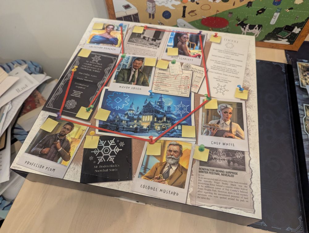 Closeup: one half of the Clue Advent Calendar, which is in a puzzle/escape room style. The image looks like a detective's "murder board" and is illustrated with photos, news clippings, clues, and dossier type file photos of various suspects. There is also red string connecting some of the clues to each other, Charlie Day conspiracy style. 