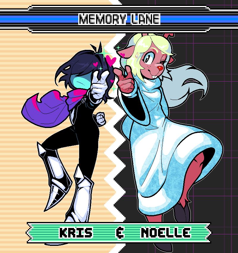 It's dark world Kris and Noelle from Deltarune drawn side by side, both pointing their index finger to the front like a gun with the other hand put on their back, standing oppositely in symmetric manner. Noelle is also closing her left eye as if taking an aim for the finger gun she's making. There's little hearts and sparkles emerging around the point where their fingertips meet, in a same manner when they use ACT in-game. The frame is drawn in a style that Sonic Advance 3 character select screen has (with the nameplate and team up combination). The team up name for these two is 'Memory Lane'; referring to how they've grown together as childhood chums, then have been somewhat standoff since an incident, then again reunited through an adventure reminiscing their past thanks to the event of Chapter 2.