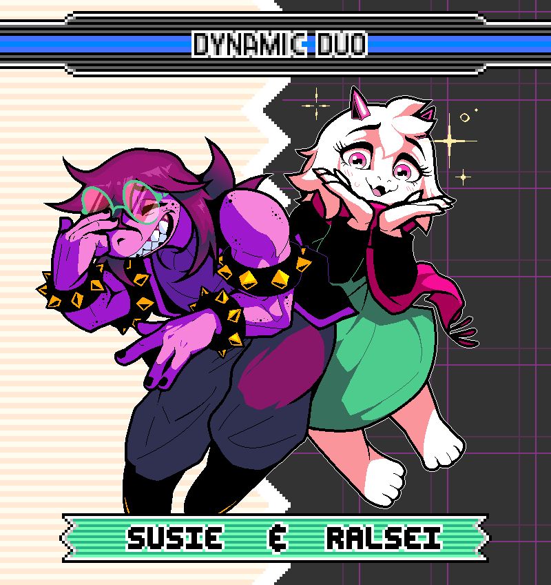 It's Susie and Ralsei from Deltarune drawn side by side, Susie giggling with Ralsei's glasses on and Ralsei making a awkwardly cute gesture with his pretty eyes exposed, cupping his chin like a flower. The frame is drawn in a style that Sonic Advance 3 character select screen has (the nameplate and team up combination). The team up name for these two is 'Dynamic Duo'; referring to their chemistry shown in the game's story with the opposite tone and manner they have.