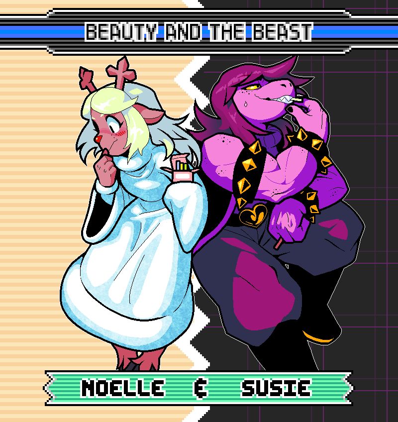 It's dark world Noelle and Susie from Deltarune drawn side by side, Noelle blushing with happiness while holding a small box of light candy(chalk), unable to look at either the front or Susie. Susie is sitting next to Noelle while shyly sweating and biting on a stick of light candy(chalk), also facing opposite to Noelle and avoiding eye contact. The frame is drawn in a style that Sonic Advance 3 character select screen has (with the nameplate and team up combination). The team up name for these two is 'Beauty and the Beast'; referring to how they're close to being a love interest to each other while having the opposite physical traits. I set a rule to make the team names only with two word segments but had to make an exception here.