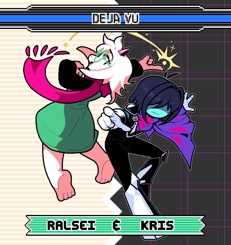 It's Ralsei and Kris from Deltarune drawn side by side, Ralsei preparing a spell with a big winding motion and Kris pointing the front, standing back to back against Ralsei. The frame is drawn in a style that Sonic Advance 3 character select screen has (the nameplate and team up combination). The team up name for these two is 'Deja Vu'; referring to in-game Ralsei acting like he's familiar with Kris even though they've never met before. This also refers to a theory that Ralsei is actually the embodiment of the red horned headband Kris used to wear in their childhood, explaining his one-sided acquaintance.
