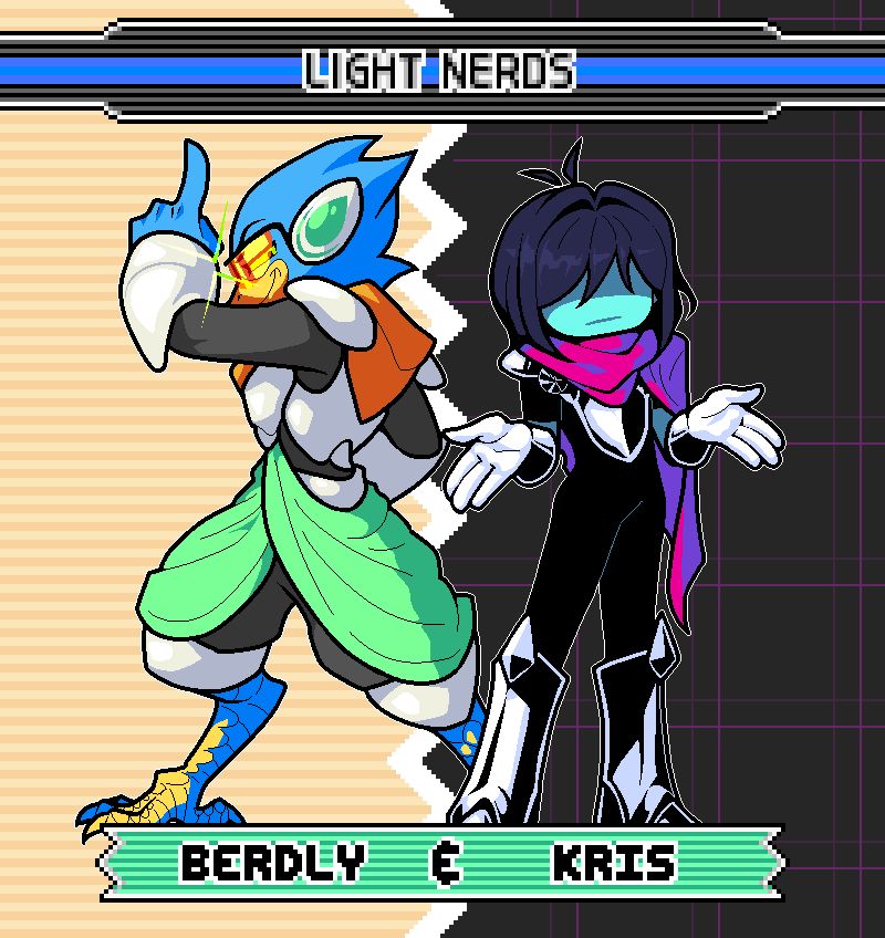 It's dark world Berdly and Kris from Deltarune drawn side by side, Berdly standing with his back to Kris, making 'number one' gesture with his left hand with a smirk on his face. Whereas Kris is just doing simple shrugging off gesture to the front. The frame is drawn in a style that Sonic Advance 3 character select screen has (with the nameplate and team up combination). The team up name for these two is 'Light Nerds'; referring to Berdly initially mistaken 'Lightners' as 'Light Nerds' due to Queen incorrectly informing the word to Berdly on purpose. Also it refers to how both of them qualify as an actual nerd in-game. (In Kris' case, Susie particularly mentions that Kris is a nerd right before the first arcade battle of Chapter 2.)