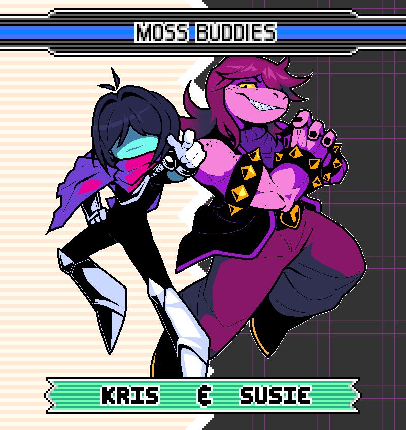 It's Kris and Susie from Deltarune drawn side by side, Kris pointing the front and Susie cupping her fists in a menacing attitude. The frame is drawn in a style that Sonic Advance 3 character select screen has (the nameplate and team up combination). The team up name for these two is 'Moss Buddies'; referring to their obsession to moss shown in the game's story.