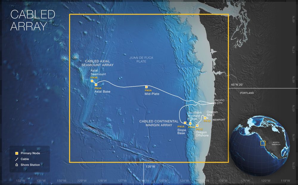 Overview map of the NSF-funded Ocean Observatories Initiative Regional Cabled Array off the Oregon coast, including the kilometers of undersea electro-optical cable that extend to seafloor nodes at Axial Seamount (a volcano 300 miles offshore) and back onto the slope and shelf to Southern Hydrate Ridge and near-shore sites.

Credit : H. Hadaway, UW Center for Environmental Visualization