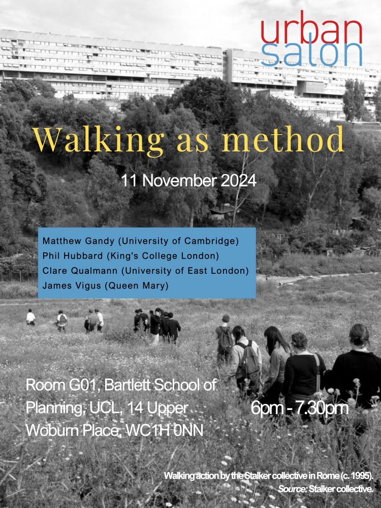 A black and white photo of a line of people walking across a field of waist high grass, with high rise buildings in the background. Text overlaid reads walking as method, 11th November 2024