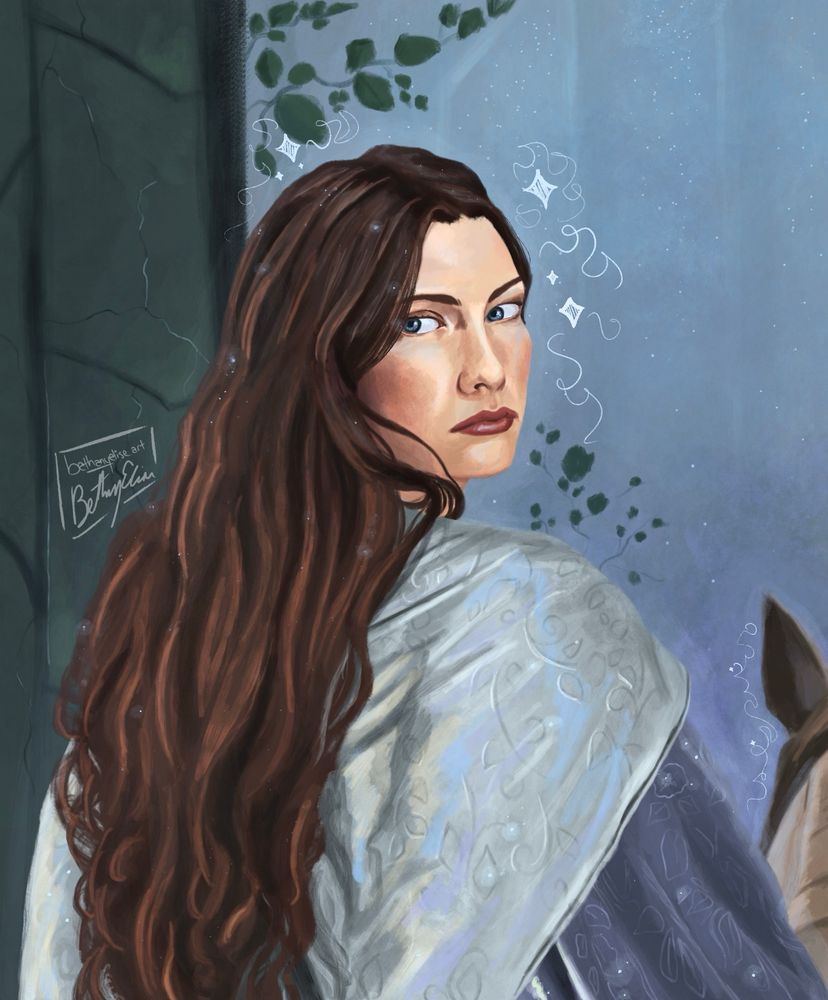 digital painting of arwen wearing her purple riding cloak from two towers. she is looking over her shoulder