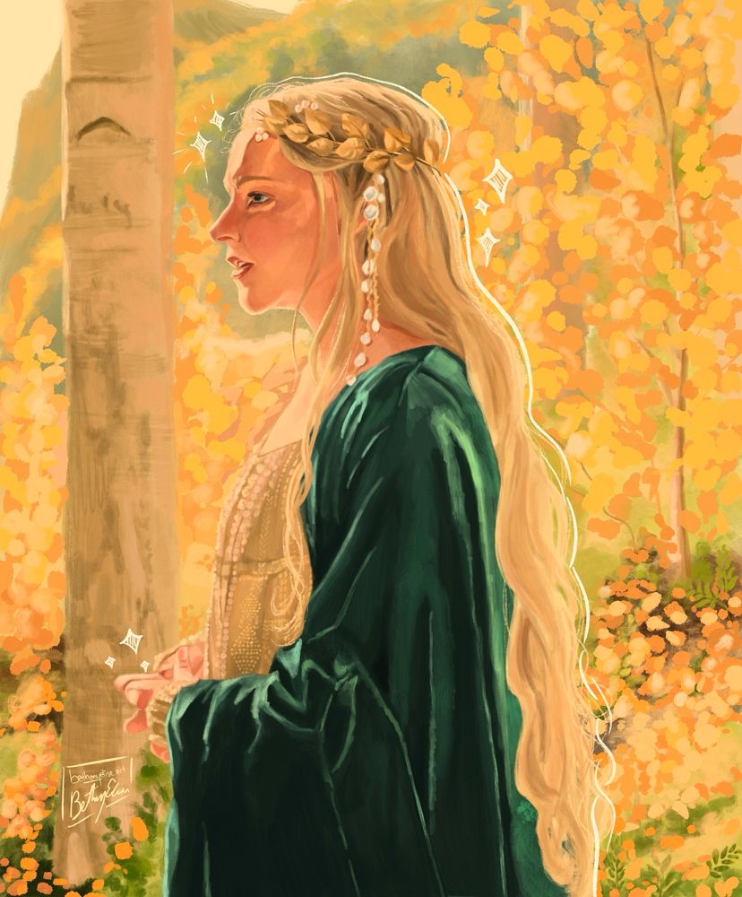 digital painting of morfydd clark as galadriel in a green cloak and gold dress, standing in lindon 