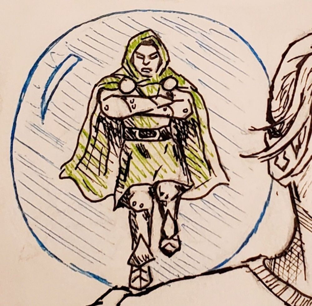doctor doom crossing his arms while he's stuck in one of sue's force fields 
