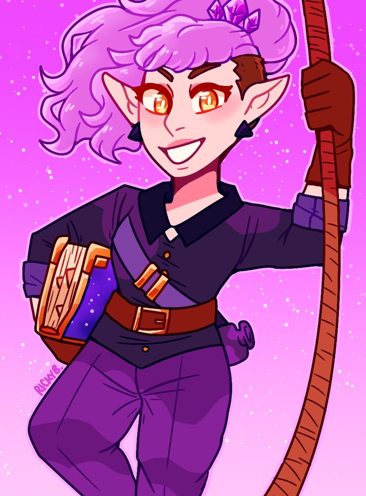Amity Blight from the Owl House shown in her older form. An elf eared girl with a purple ponytail undercut. She is wearing fantasy clothing in mostly purple shades. Shes smiling down at the camera holding an arm up on a rope and a book under the other arm.