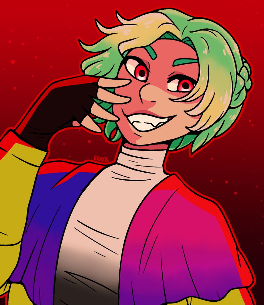 Yuri from Gnosia with the Gnos face. A human with short green/yellow hair, soulless red eyes, and flashing a devious toothy grin. They have their hand near their face and are on an intense red background with backlighting.
